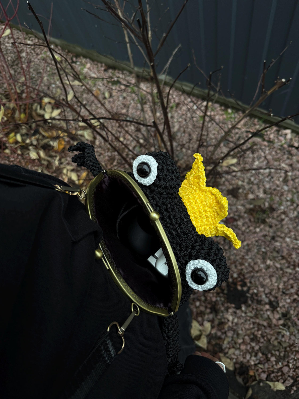 Frog King Bag – Handmade Black Frog Purse with Golden Crown