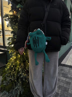 Emerald Frog Bag – Minimalist Crochet Frog Shoulder Bag with Floral Lining, Handmade Frog Purse
