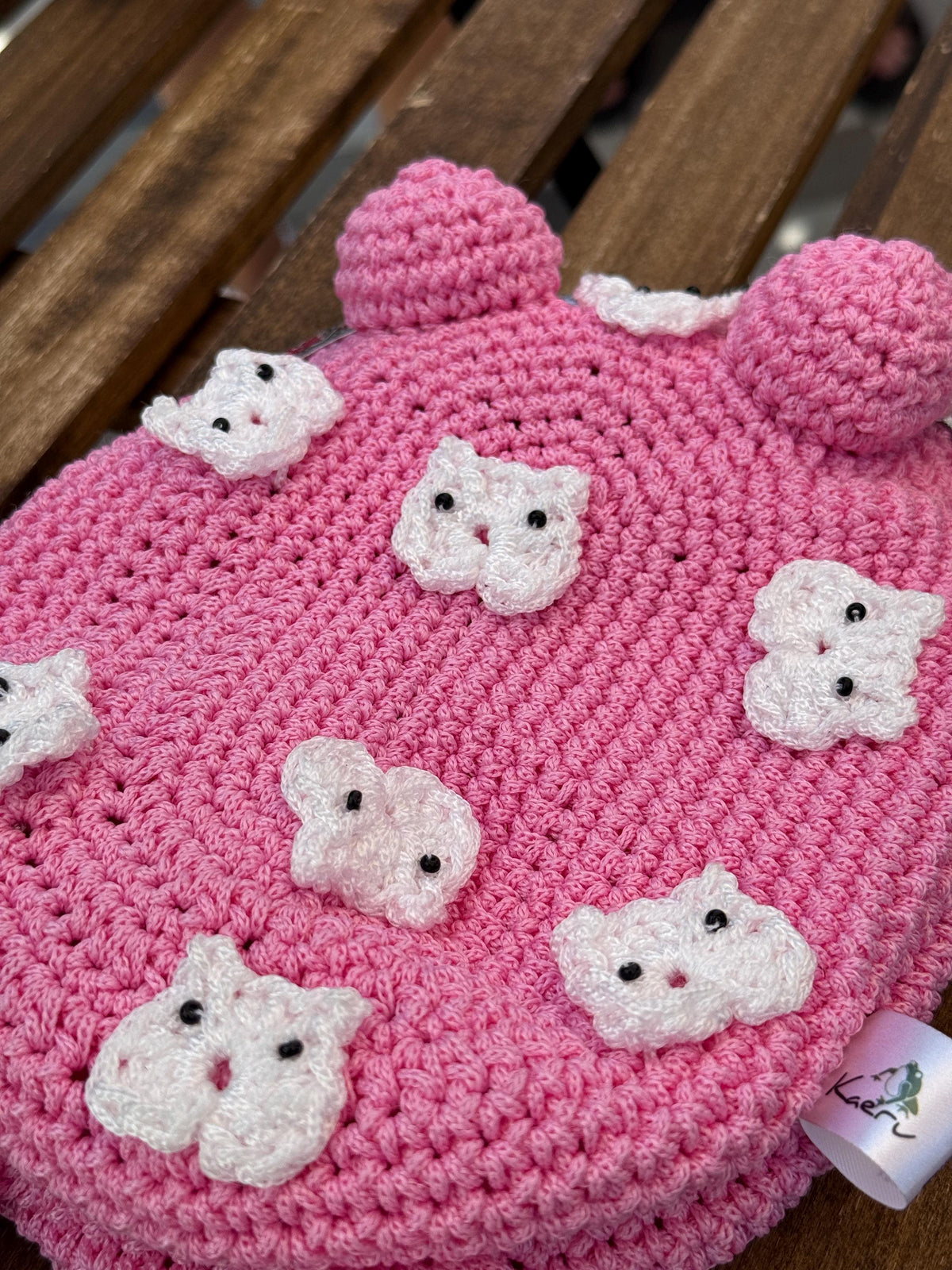 Pink Frog Bag with Cat Patches – Cute Crochet Frog Purse, Wallet or Cosmetic Bag