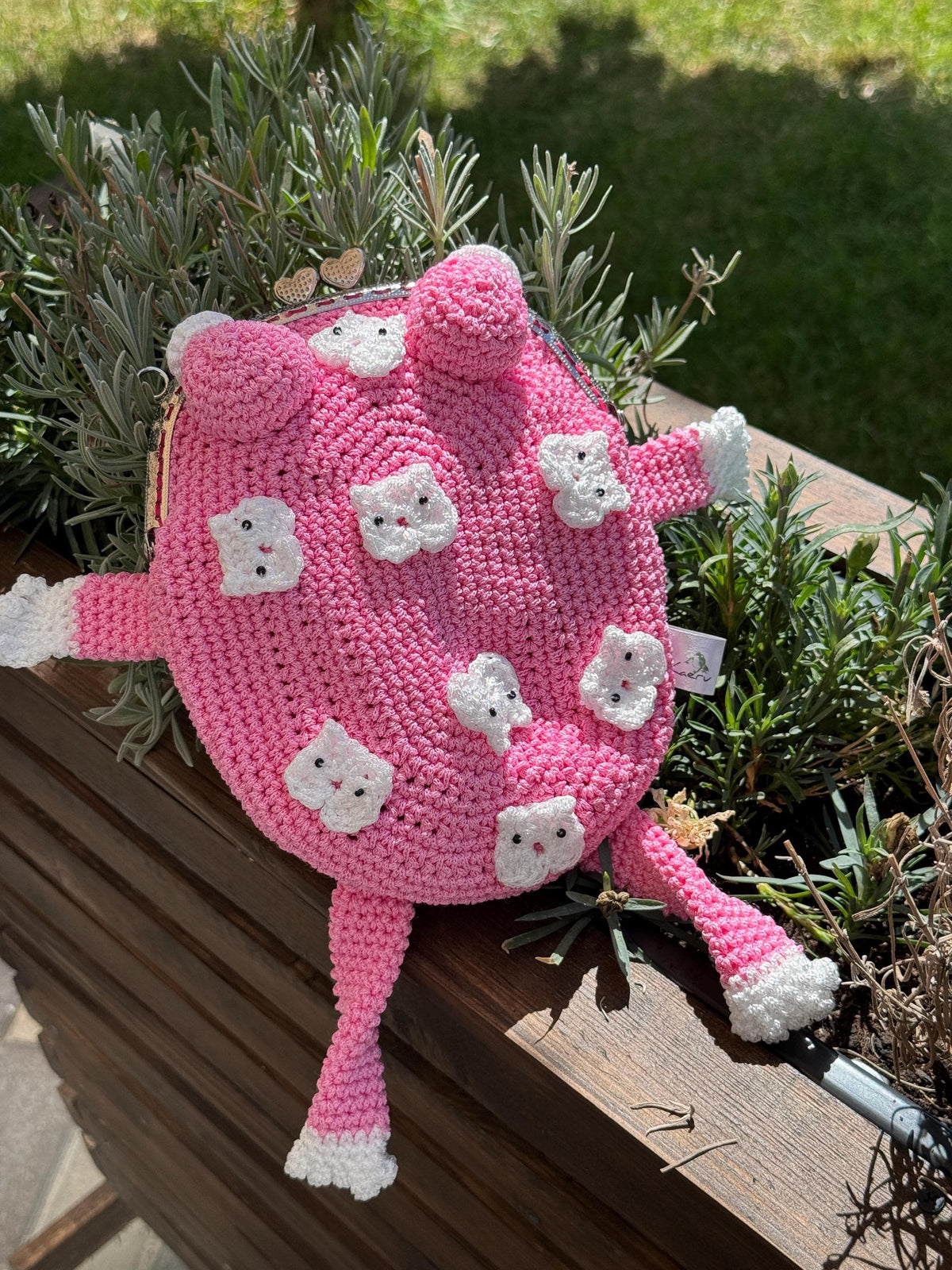 Pink Frog Bag with Cat Patches – Cute Crochet Frog Purse, Wallet or Cosmetic Bag