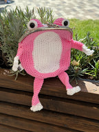 Pink Frog Bag with Cat Patches – Cute Crochet Frog Purse, Wallet or Cosmetic Bag