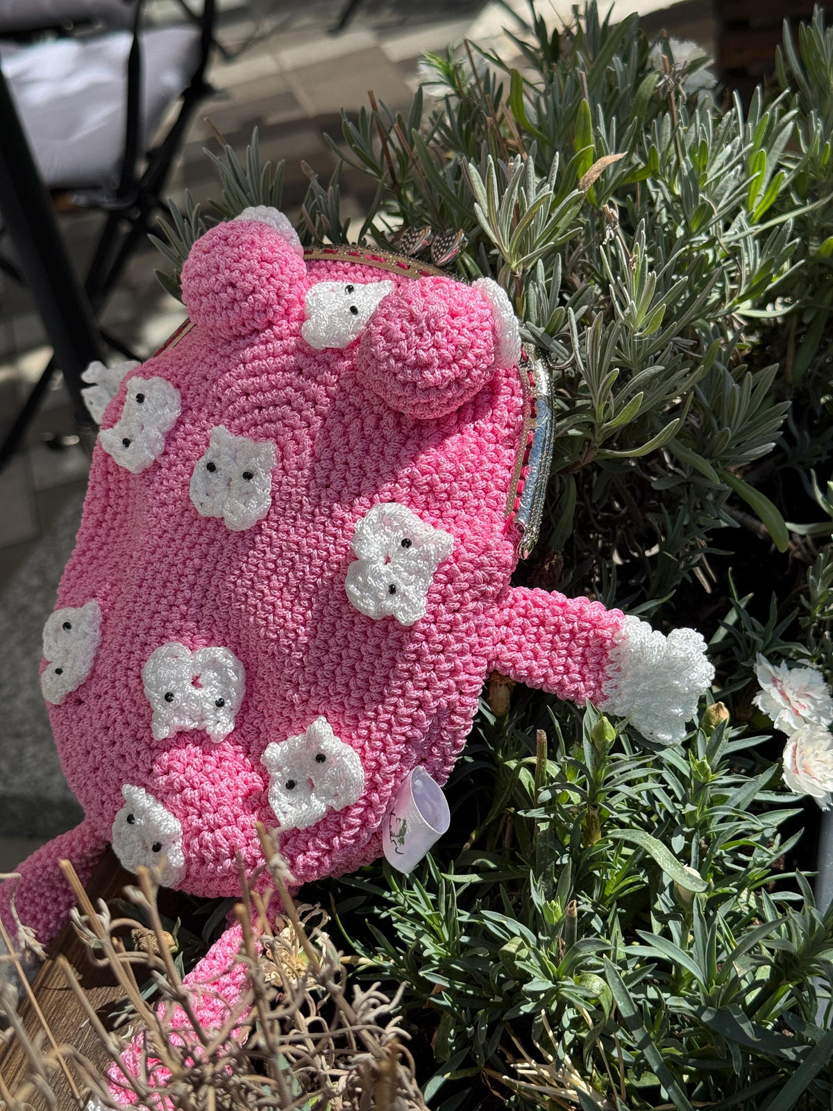 Pink Frog Bag with Cat Patches – Cute Crochet Frog Purse, Wallet or Cosmetic Bag