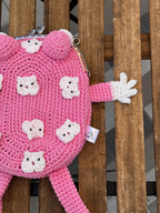 Pink Frog Bag with Cat Patches – Cute Crochet Frog Purse, Wallet or Cosmetic Bag