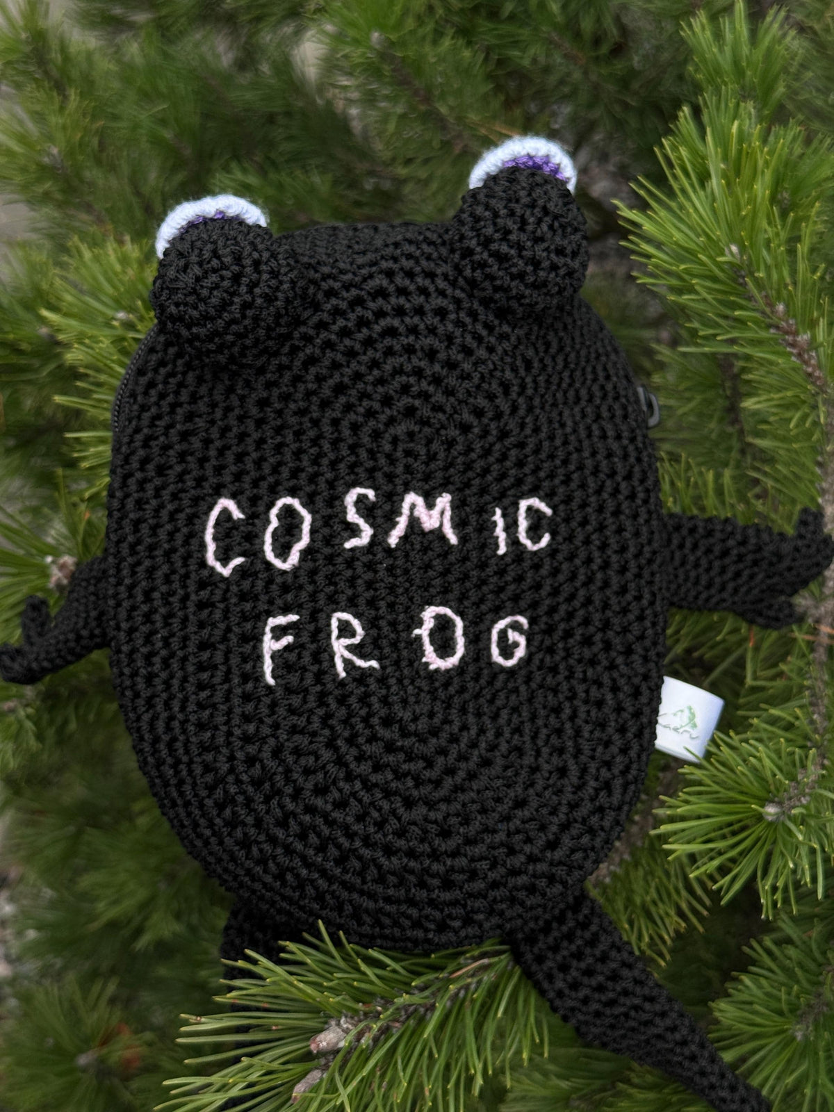 Crochet Frog Bag with Zipper – Custom Embroidery Option – Black Handmade Purse with Strap – Lined Durable Macrame Frogcore Gift