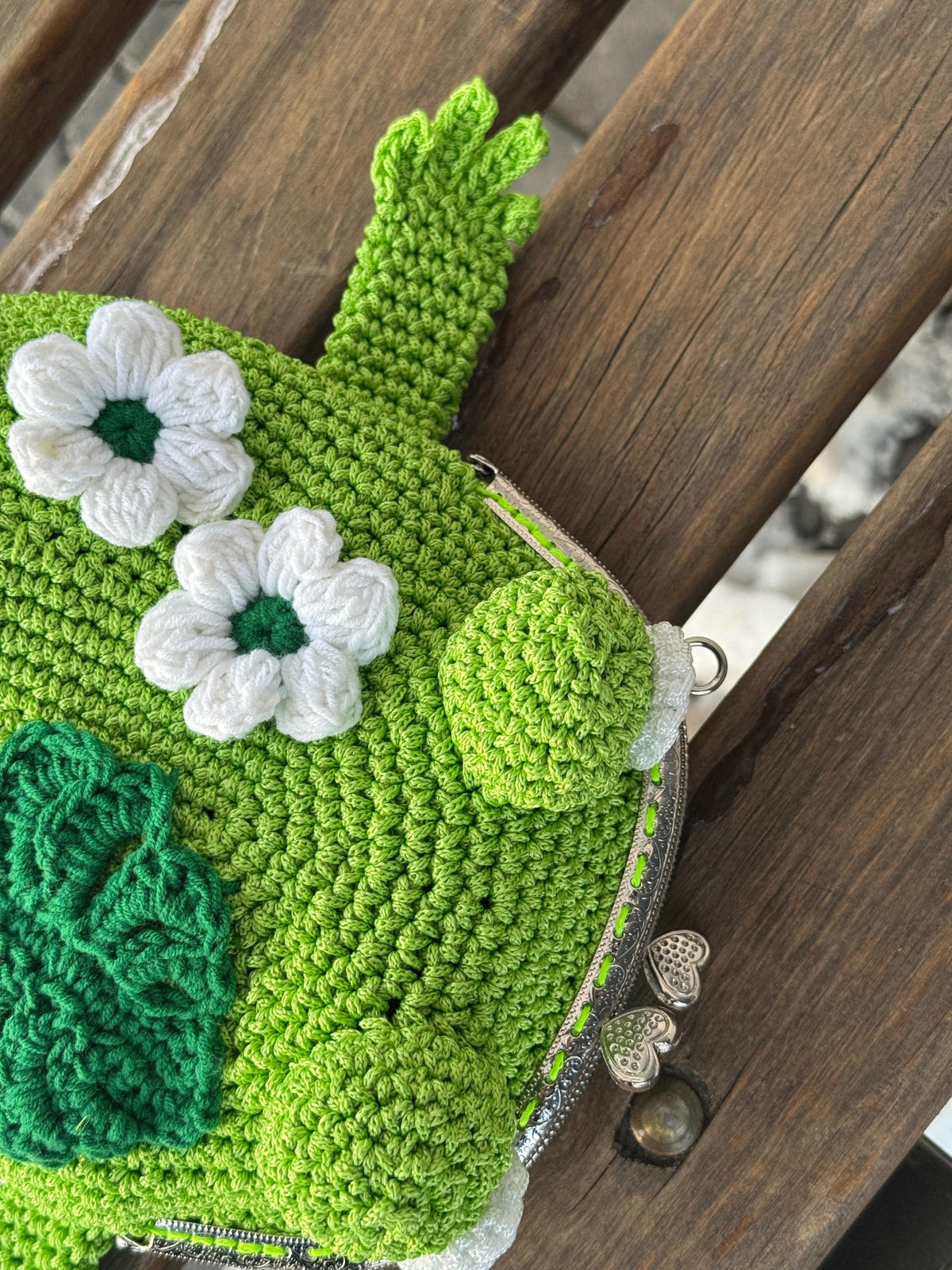 Green Frog Purse with Flowers and Leaves – Crochet Frog bag