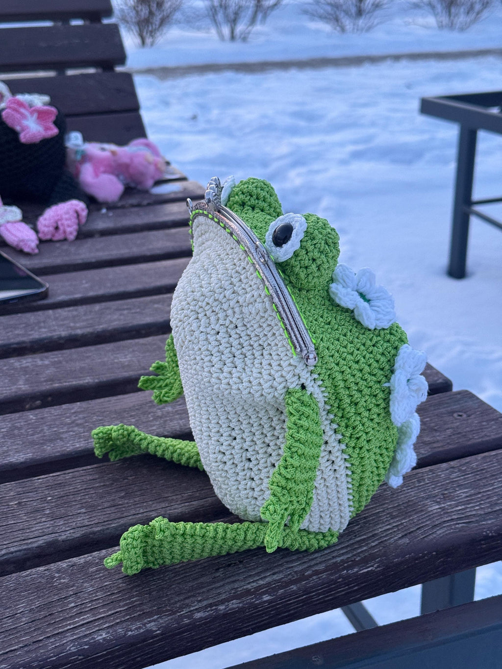 Green Frog Purse with Flowers and Leaves – Crochet Frog bag