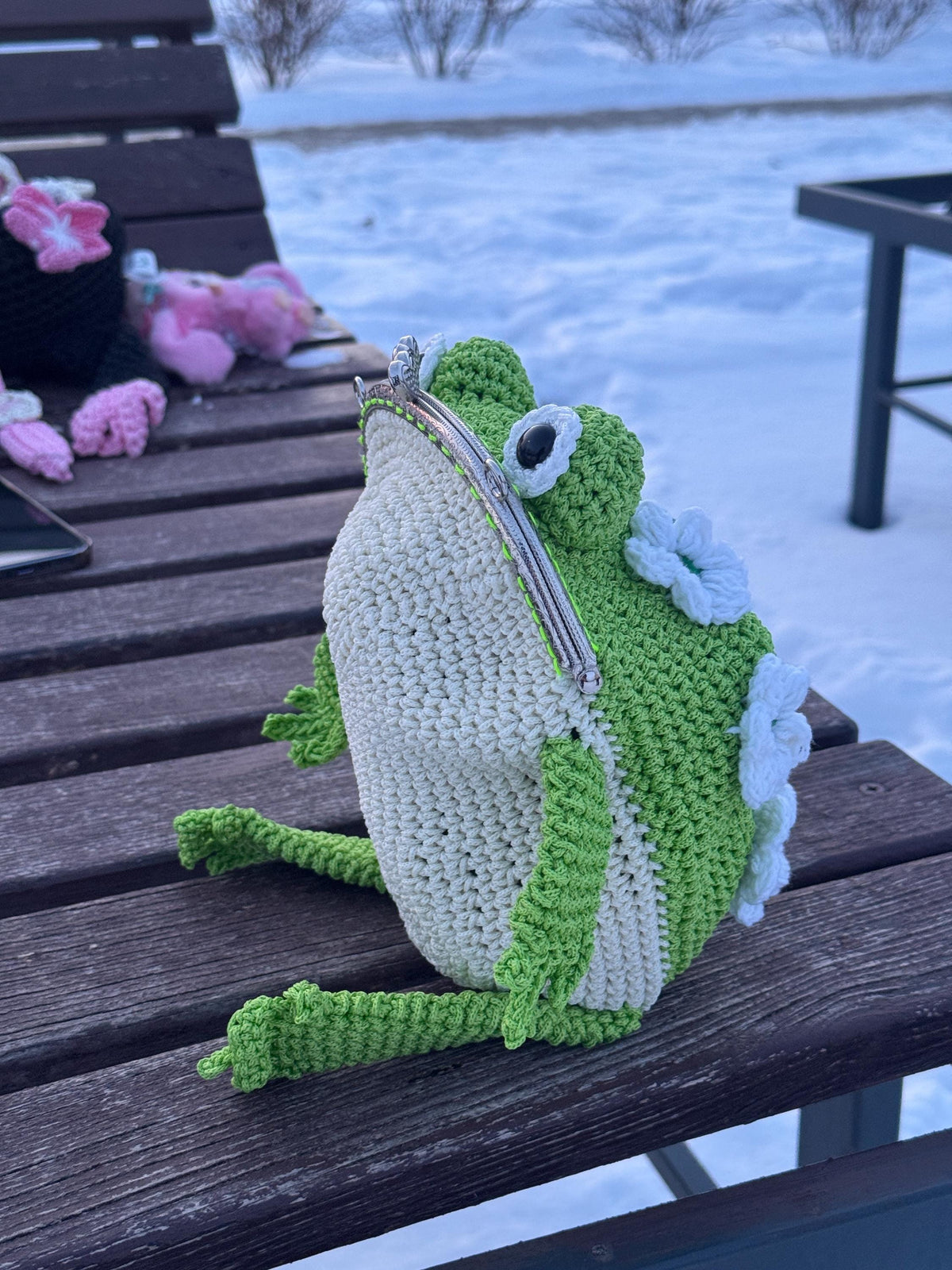 Green Frog Purse with Flowers and Leaves – Crochet Frog bag