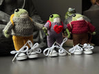 Poseable Crochet Frog Figurines – Handmade Mini Frogs with Metal Armature, Dressed Collectible