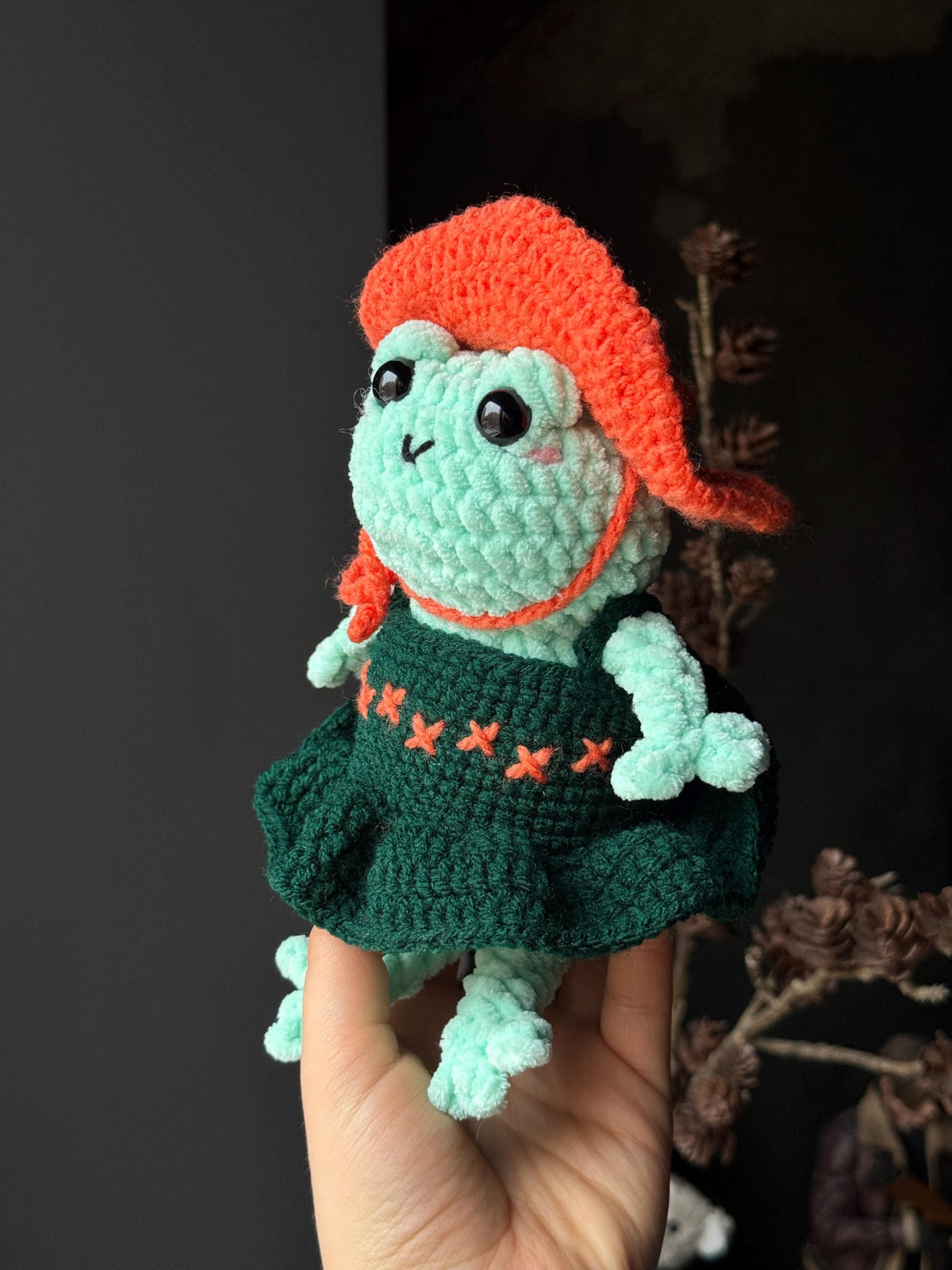 Handmade Plush Frog Toy – Soft Velvet Crochet Frog, Cute Amigurumi Frog Doll