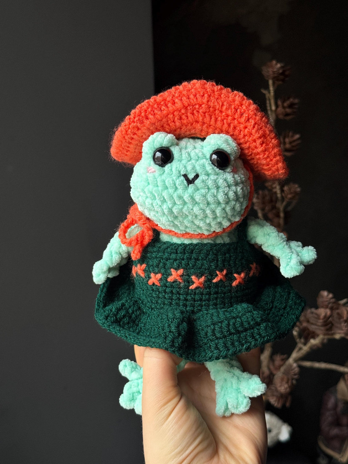 Handmade Plush Frog Toy – Soft Velvet Crochet Frog, Cute Amigurumi Frog Doll