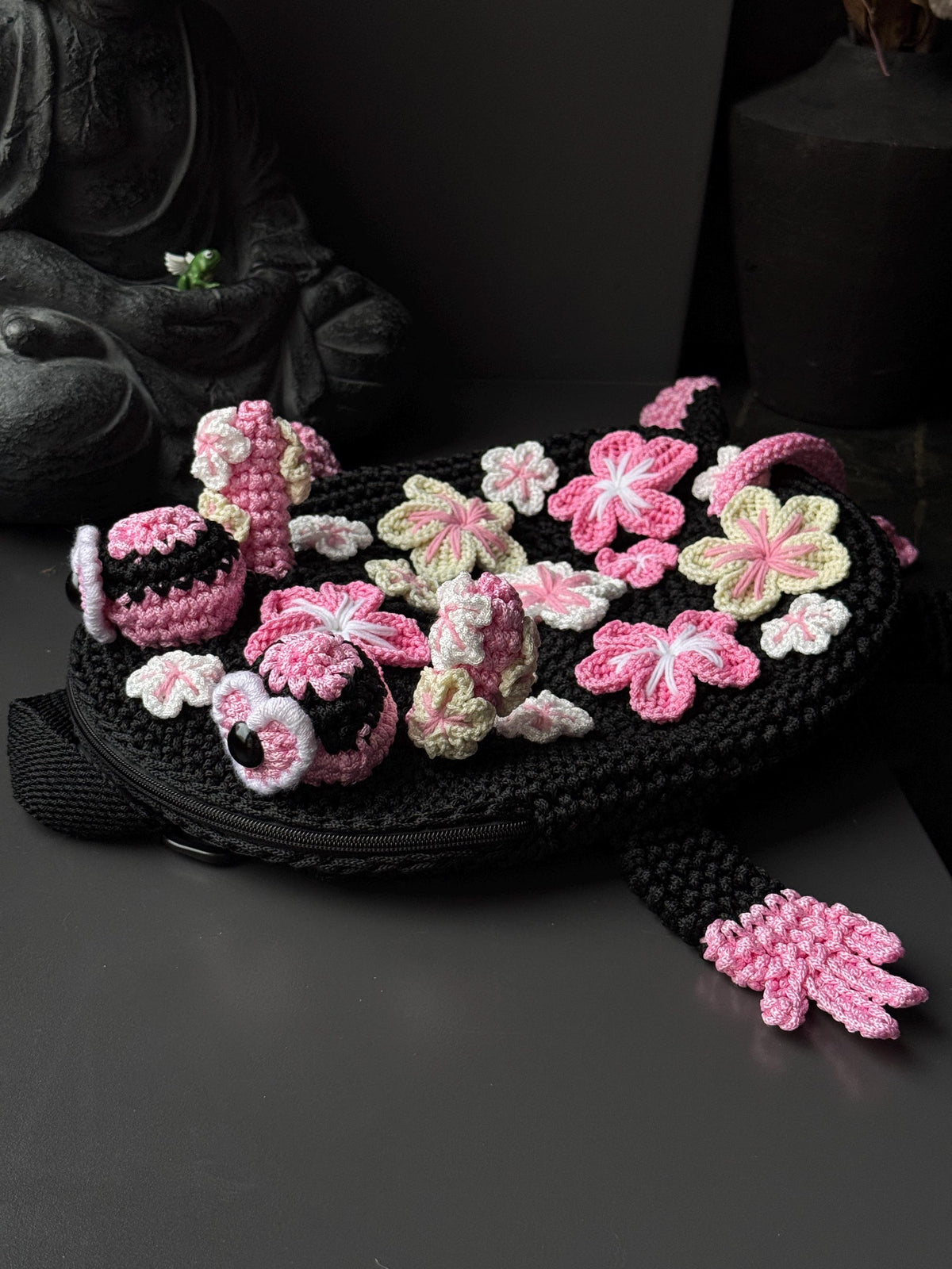 Crochet Frog Backpack – Black Frog Backpack with Sakura Flowers – Dark Aesthetic