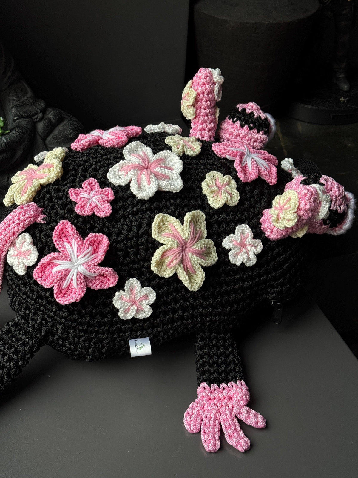 Crochet Frog Backpack – Black Frog Backpack with Sakura Flowers – Dark Aesthetic
