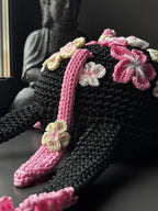 Crochet Frog Backpack – Black Frog Backpack with Sakura Flowers – Dark Aesthetic