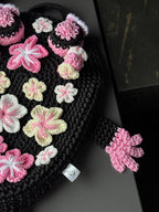 Crochet Frog Backpack – Black Frog Backpack with Sakura Flowers – Dark Aesthetic