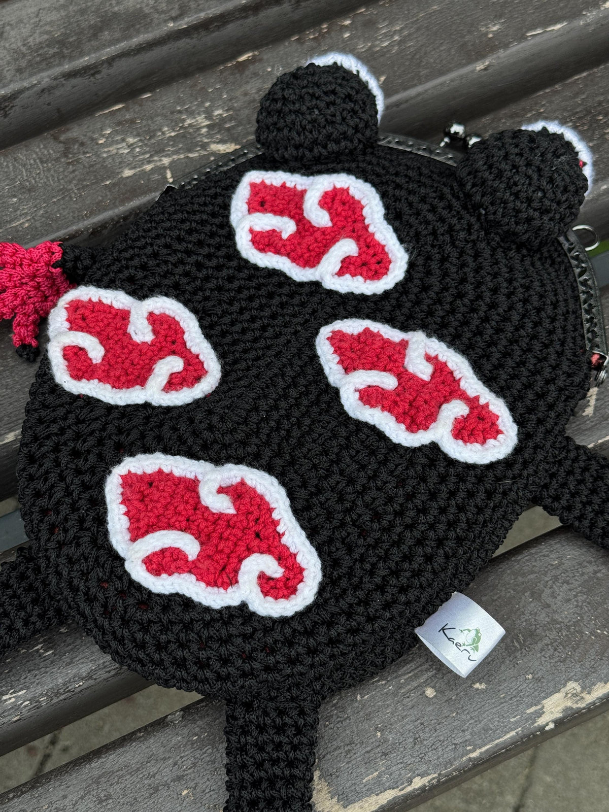Crochet Frog Bag in Dark Anime Style – Handmade Frog Purse with Red Clouds