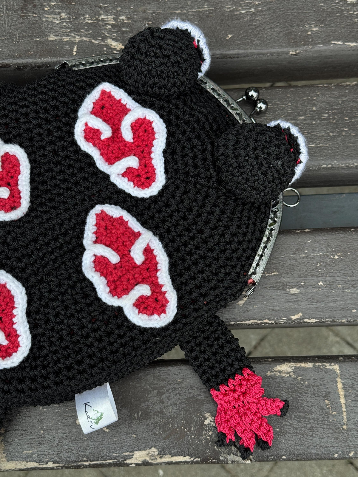 Crochet Frog Bag in Dark Anime Style – Handmade Frog Purse with Red Clouds