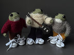 Poseable Crochet Frog Figurines – Handmade Mini Frogs with Metal Armature, Dressed Collectible