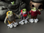 Poseable Crochet Frog Figurines – Handmade Mini Frogs with Metal Armature, Dressed Collectible
