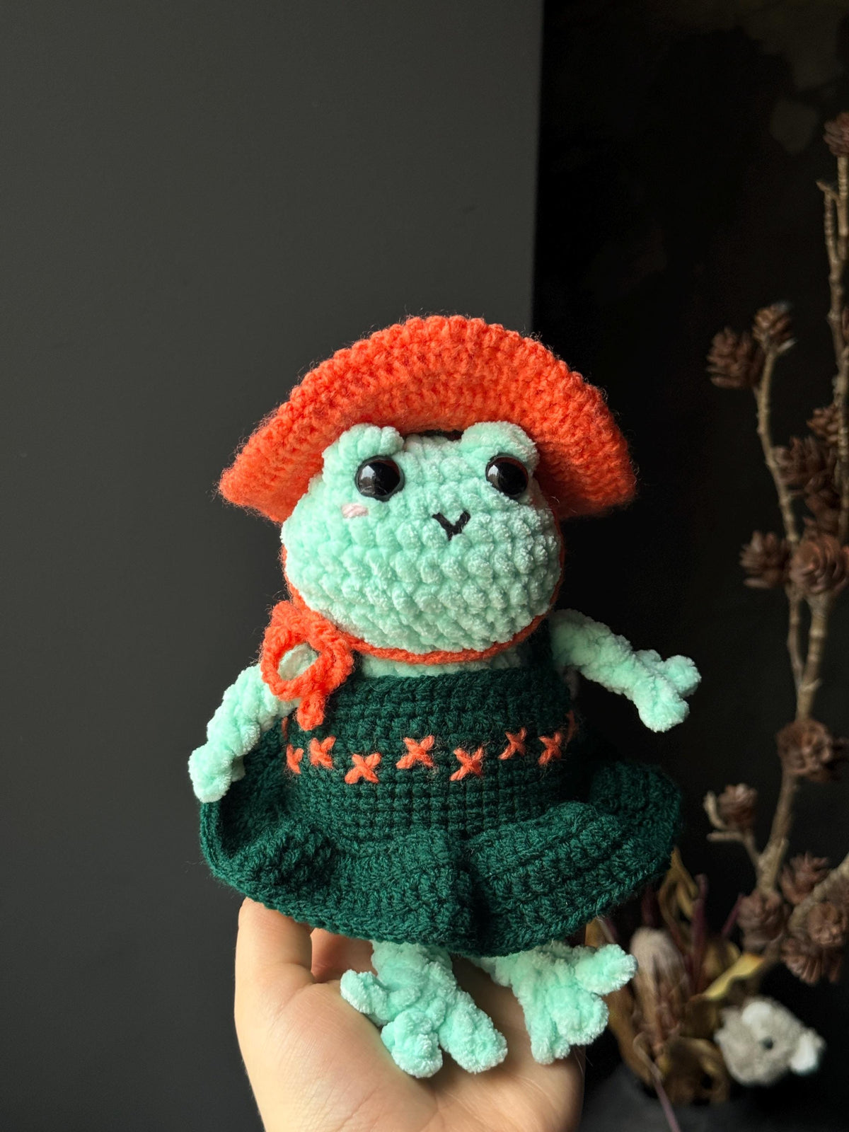 Handmade Plush Frog Toy – Soft Velvet Crochet Frog, Cute Amigurumi Frog Doll