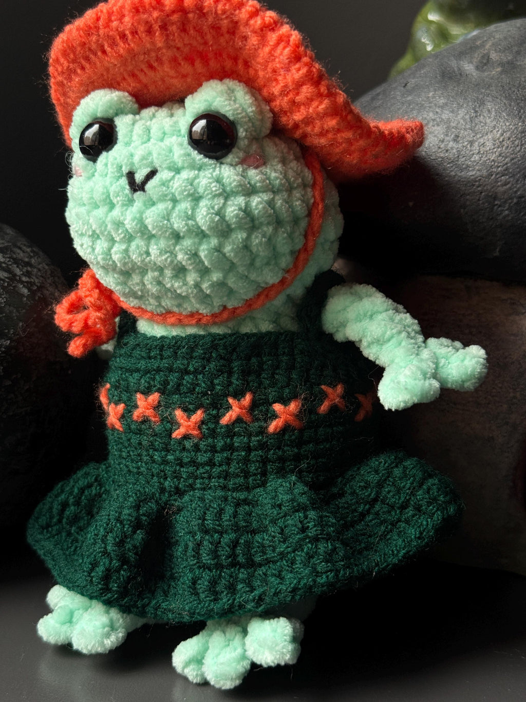 Handmade Plush Frog Toy – Soft Velvet Crochet Frog, Cute Amigurumi Frog Doll