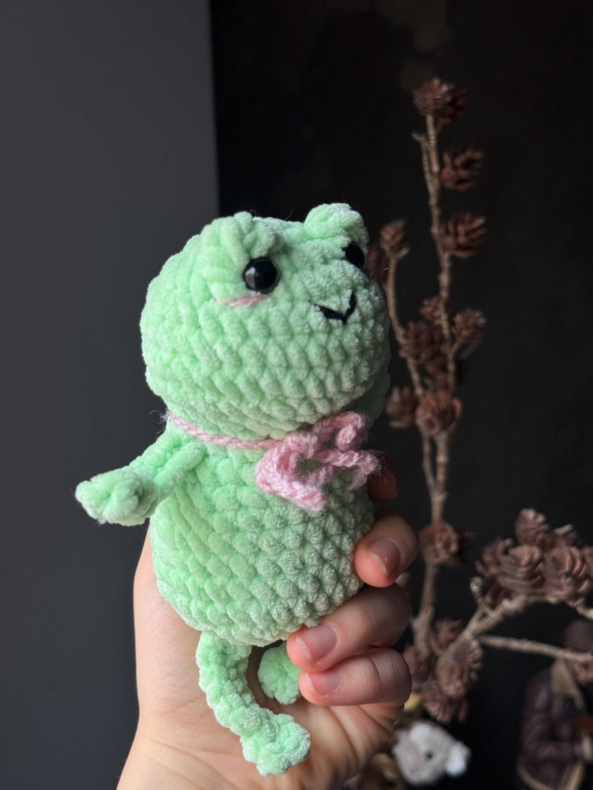 Handmade Plush Frog Toy – Soft Velvet Crochet Frog, Cute Amigurumi Frog Doll