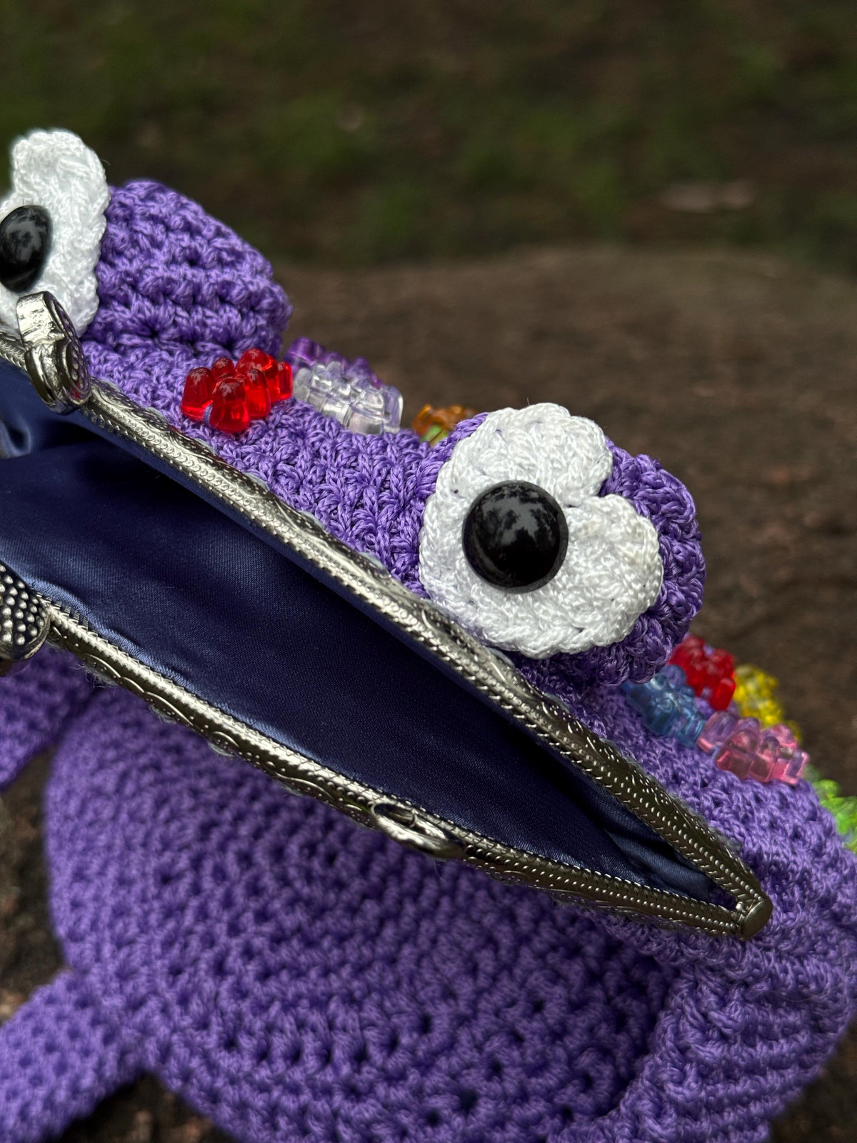 Purple Crochet Frog Bag with Gummy Bears – Handmade Shoulder & Crossbody Bag