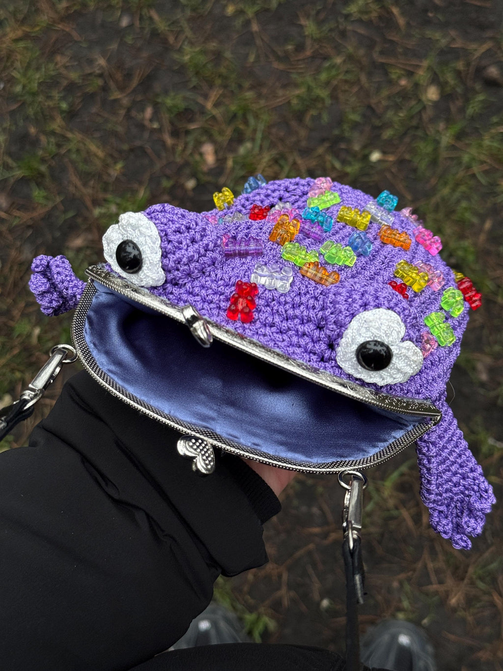 Purple Crochet Frog Bag with Gummy Bears – Handmade Shoulder & Crossbody Bag