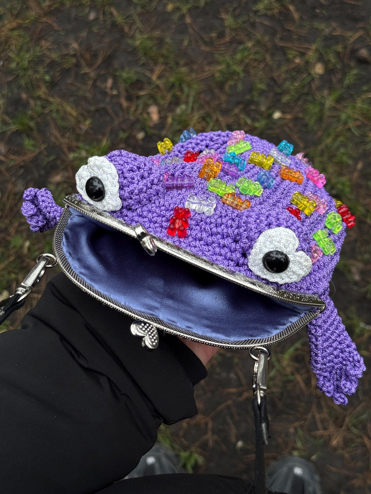 Purple Crochet Frog Bag with Gummy Bears – Handmade Shoulder & Crossbody Bag
