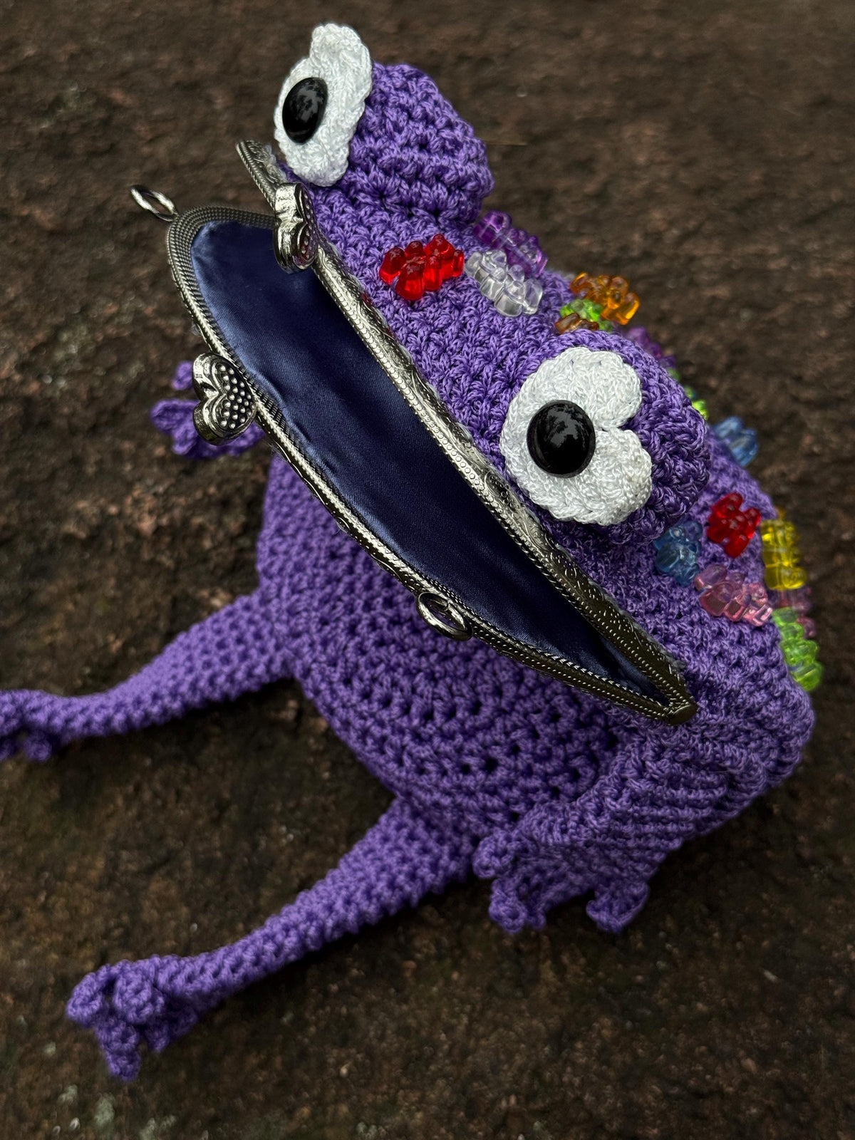 Purple Crochet Frog Bag with Gummy Bears – Handmade Shoulder & Crossbody Bag