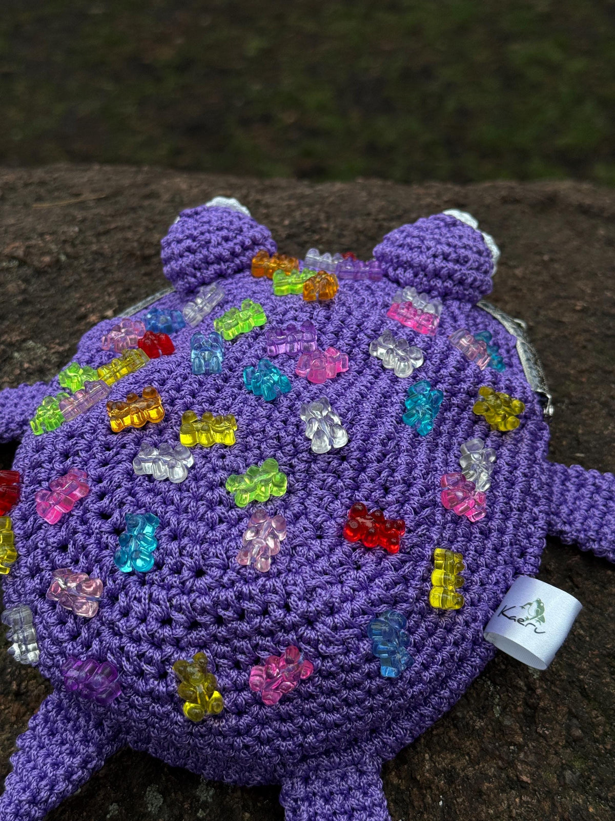 Purple Crochet Frog Bag with Gummy Bears – Handmade Shoulder & Crossbody Bag