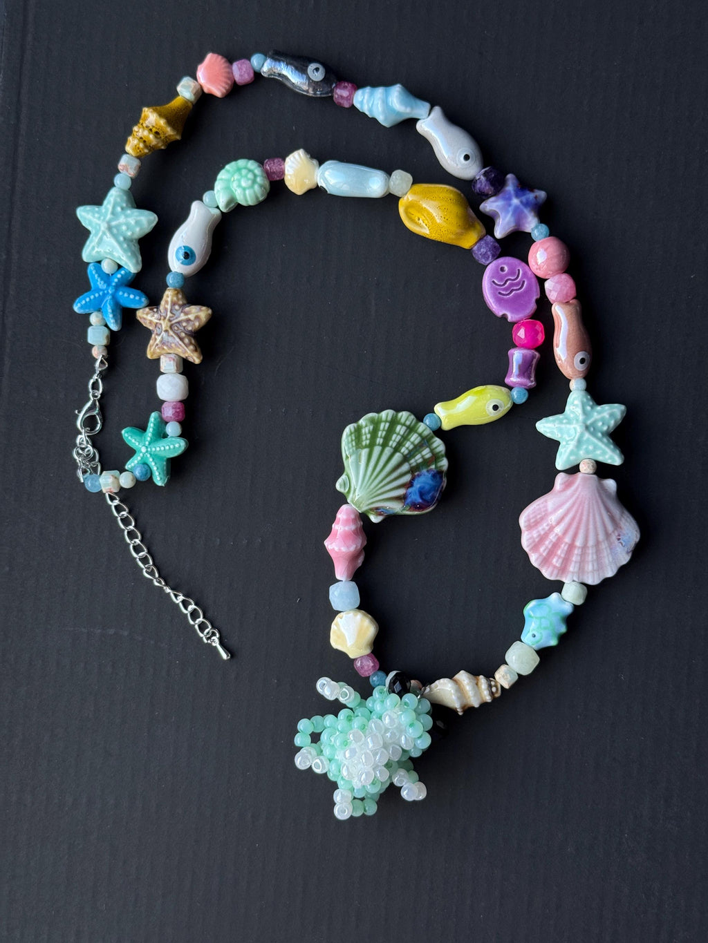 Ocean Inspired Beaded Frog Necklace – Ceramic & Glass Beads with Adjustable Chain