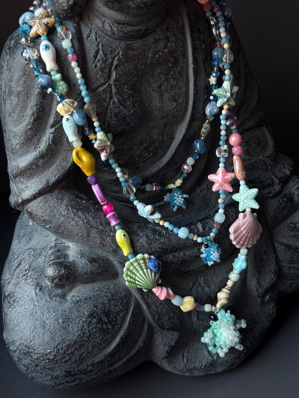 Ocean Inspired Beaded Frog Necklace – Ceramic & Glass Beads with Adjustable Chain