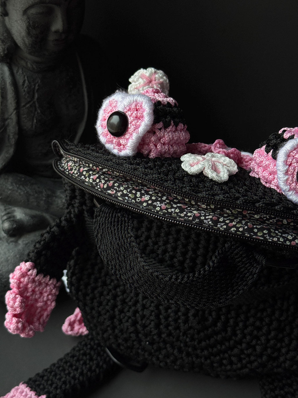 Crochet Frog Backpack – Black Frog Backpack with Sakura Flowers – Dark Aesthetic