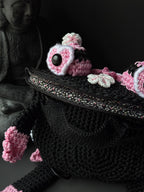 Crochet Frog Backpack – Black Frog Backpack with Sakura Flowers – Dark Aesthetic