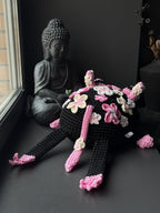 Crochet Frog Backpack – Black Frog Backpack with Sakura Flowers – Dark Aesthetic