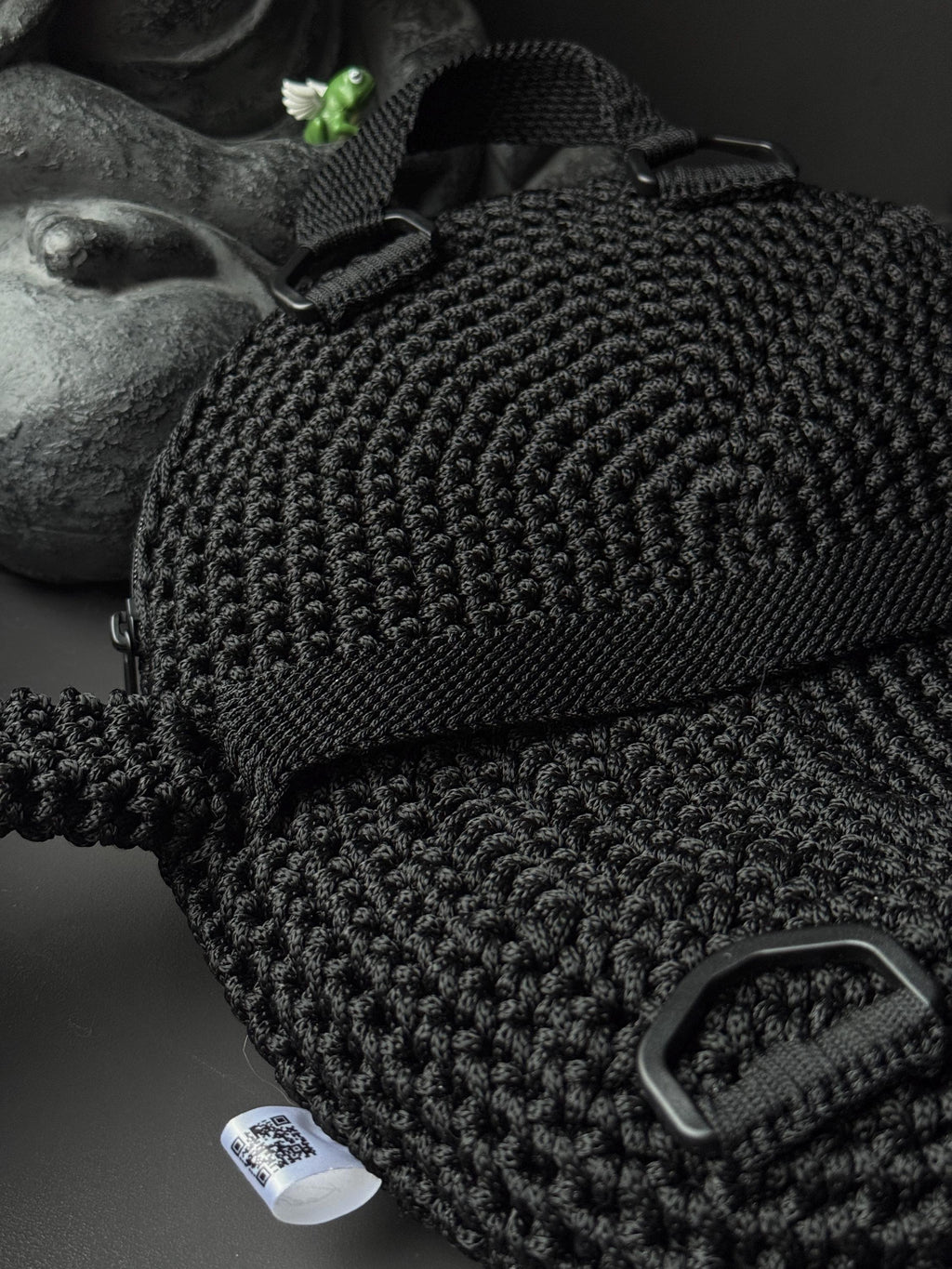 Crochet Frog Backpack – Black Frog Backpack with Sakura Flowers – Dark Aesthetic
