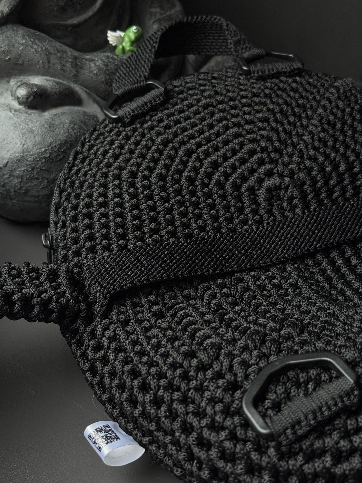 Crochet Frog Backpack – Black Frog Backpack with Sakura Flowers – Dark Aesthetic