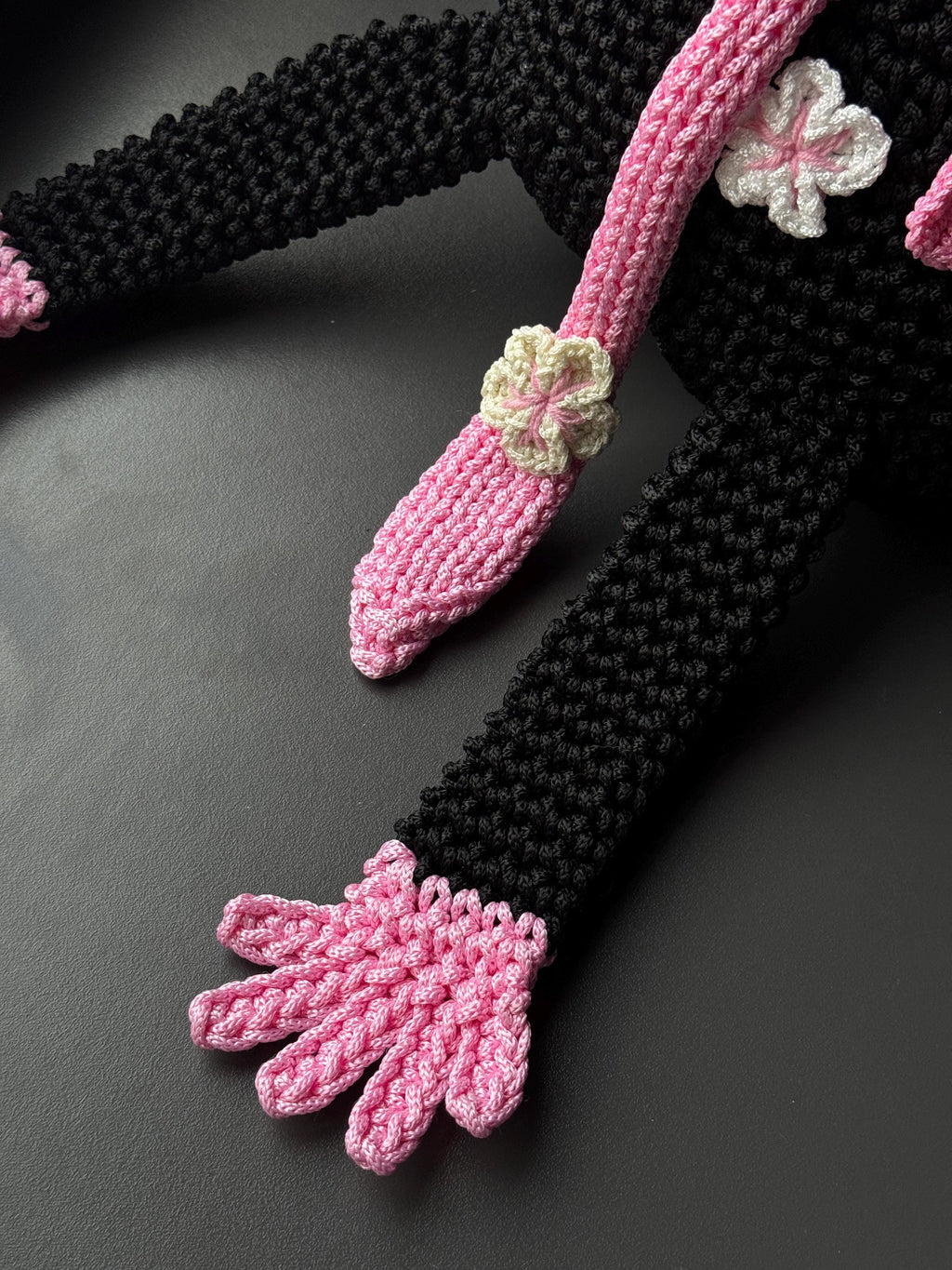 Crochet Frog Backpack – Black Frog Backpack with Sakura Flowers – Dark Aesthetic