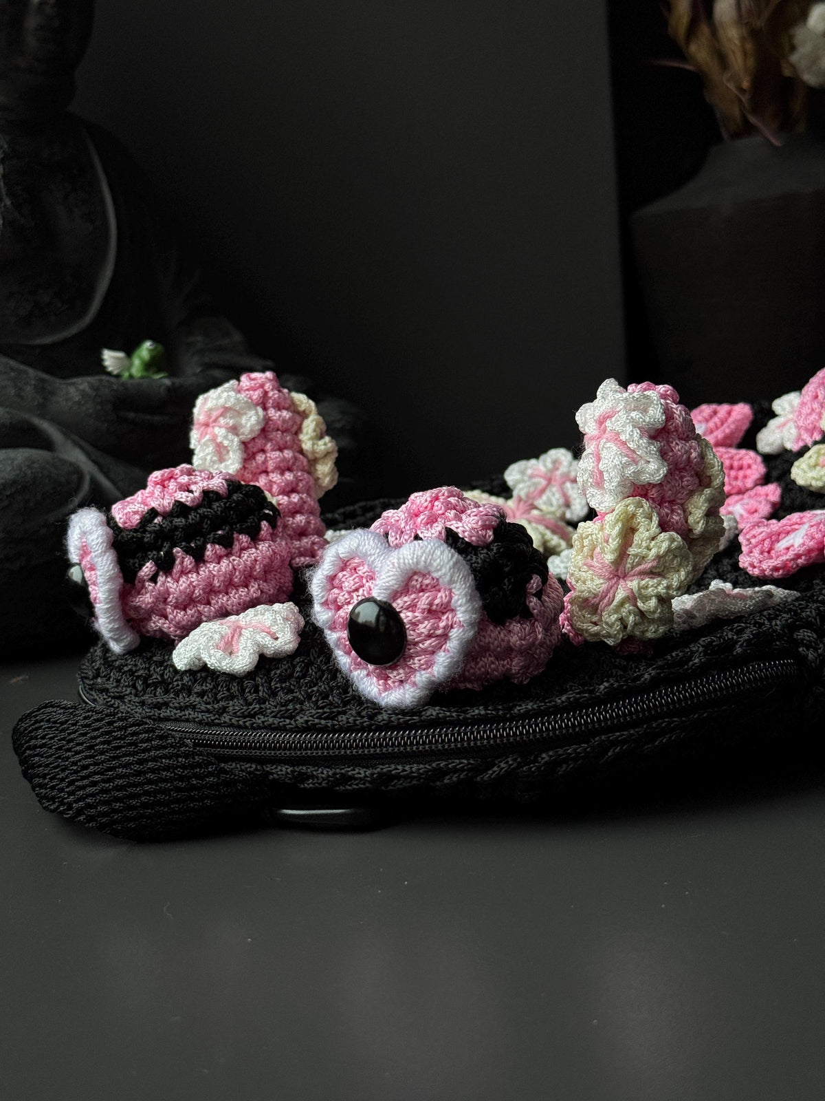 Crochet Frog Backpack – Black Frog Backpack with Sakura Flowers – Dark Aesthetic