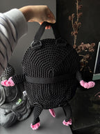 Crochet Frog Backpack – Black Frog Backpack with Sakura Flowers – Dark Aesthetic
