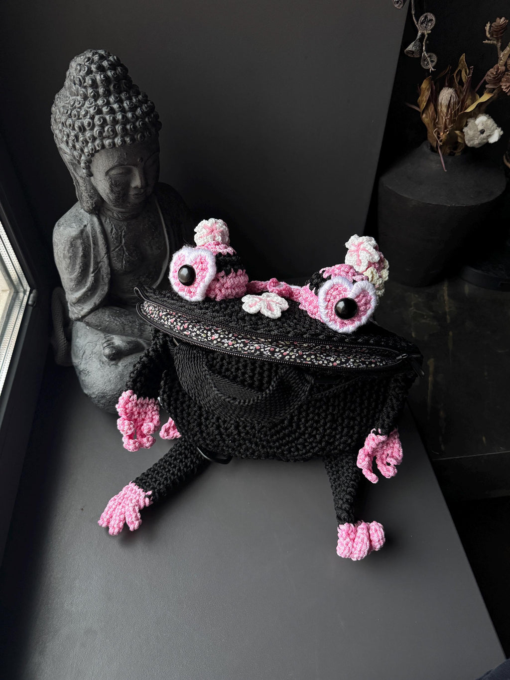 Crochet Frog Backpack – Black Frog Backpack with Sakura Flowers – Dark Aesthetic