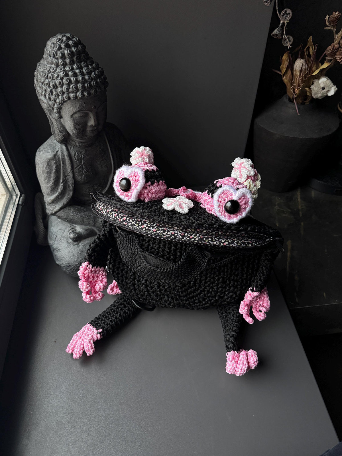 Crochet Frog Backpack – Black Frog Backpack with Sakura Flowers – Dark Aesthetic