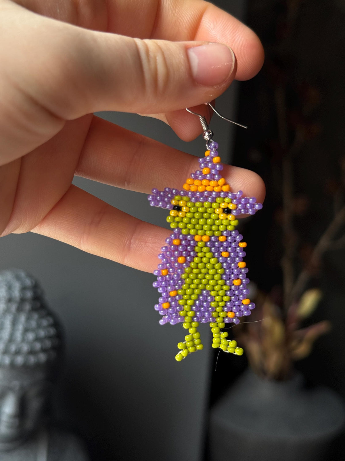 Beaded Frog Earrings – Handmade Goblincore Toad Jewelry, Witchy Cottagecore Seed Bead Statement Earrings, Unique Frog Lover Gift