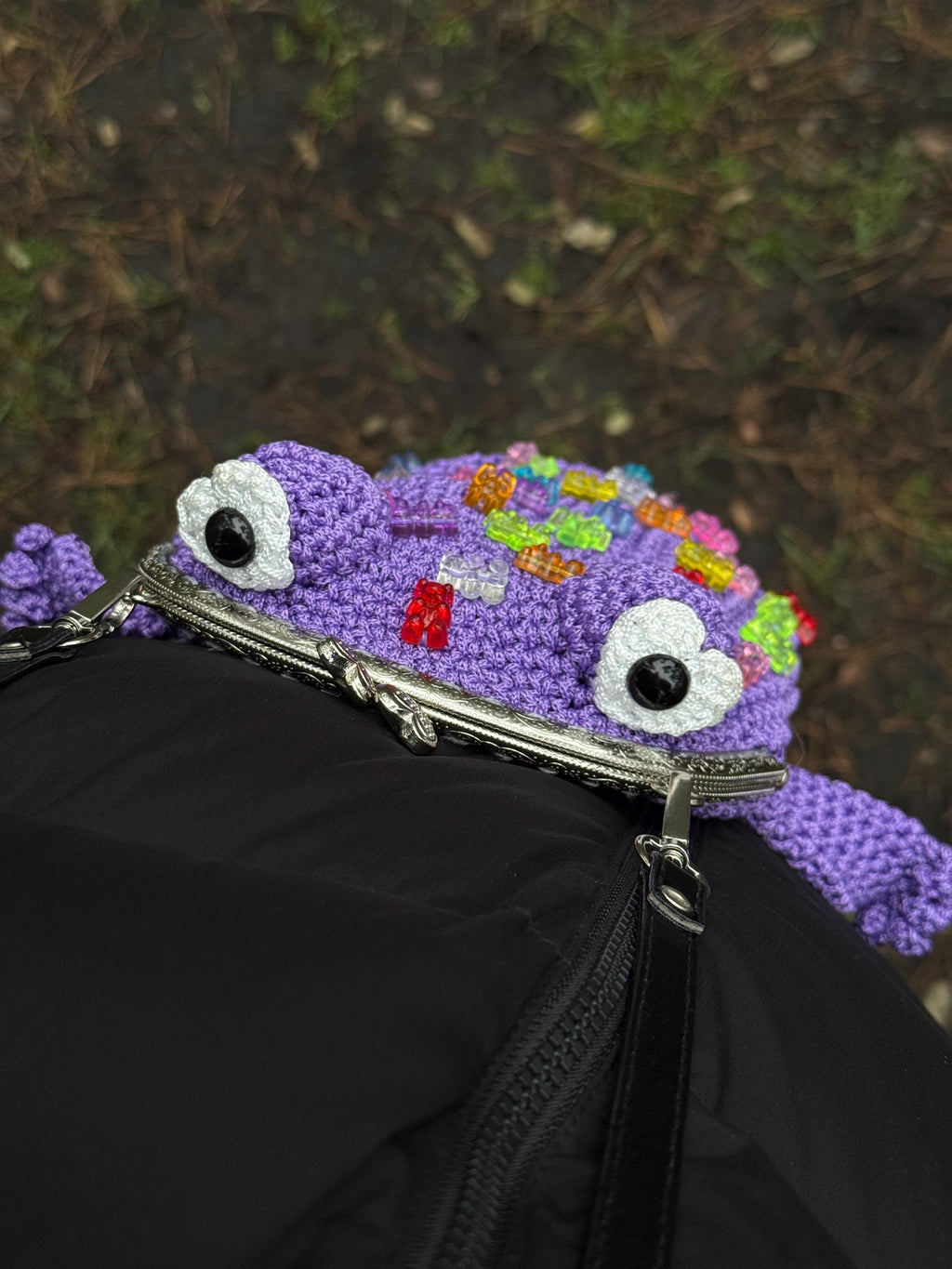 Purple Crochet Frog Bag with Gummy Bears – Handmade Shoulder & Crossbody Bag