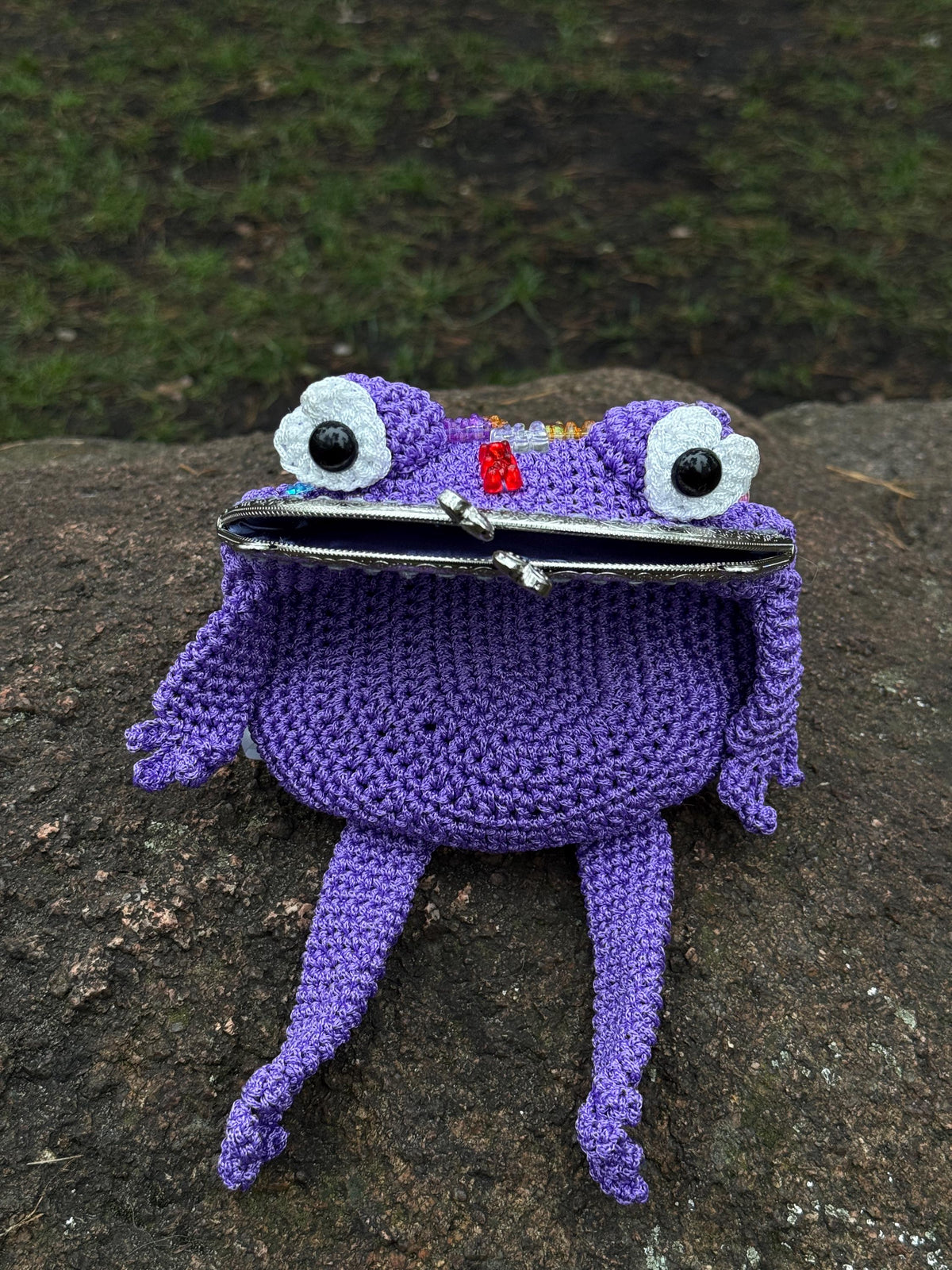 Purple Crochet Frog Bag with Gummy Bears – Handmade Shoulder & Crossbody Bag