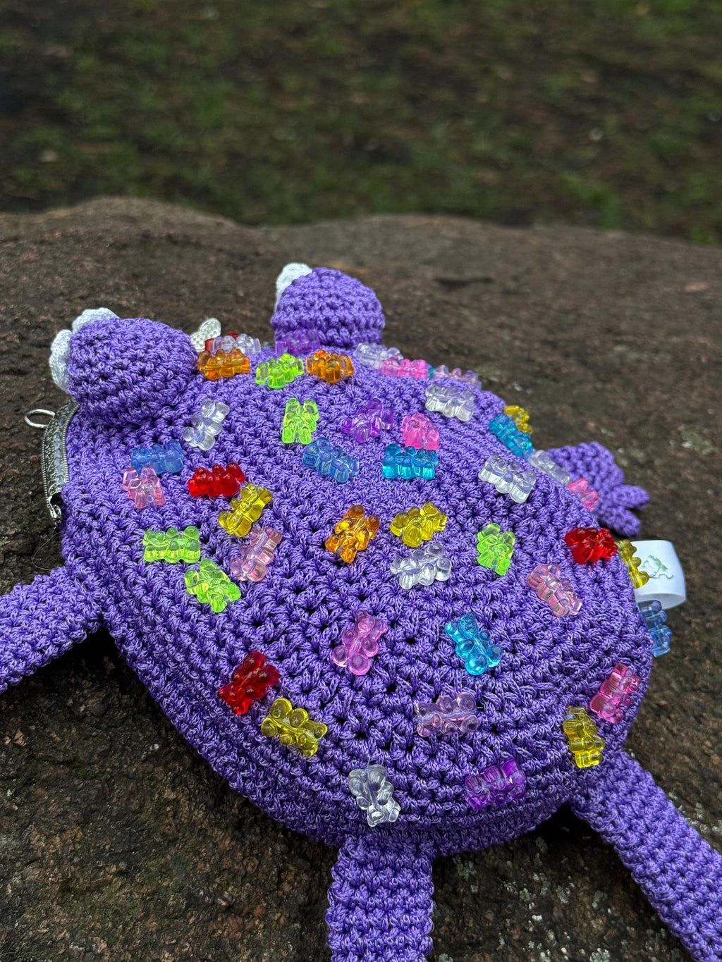 Purple Crochet Frog Bag with Gummy Bears – Handmade Shoulder & Crossbody Bag