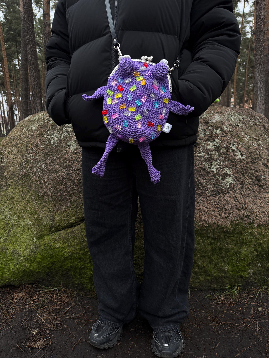 Purple Crochet Frog Bag with Gummy Bears – Handmade Shoulder & Crossbody Bag