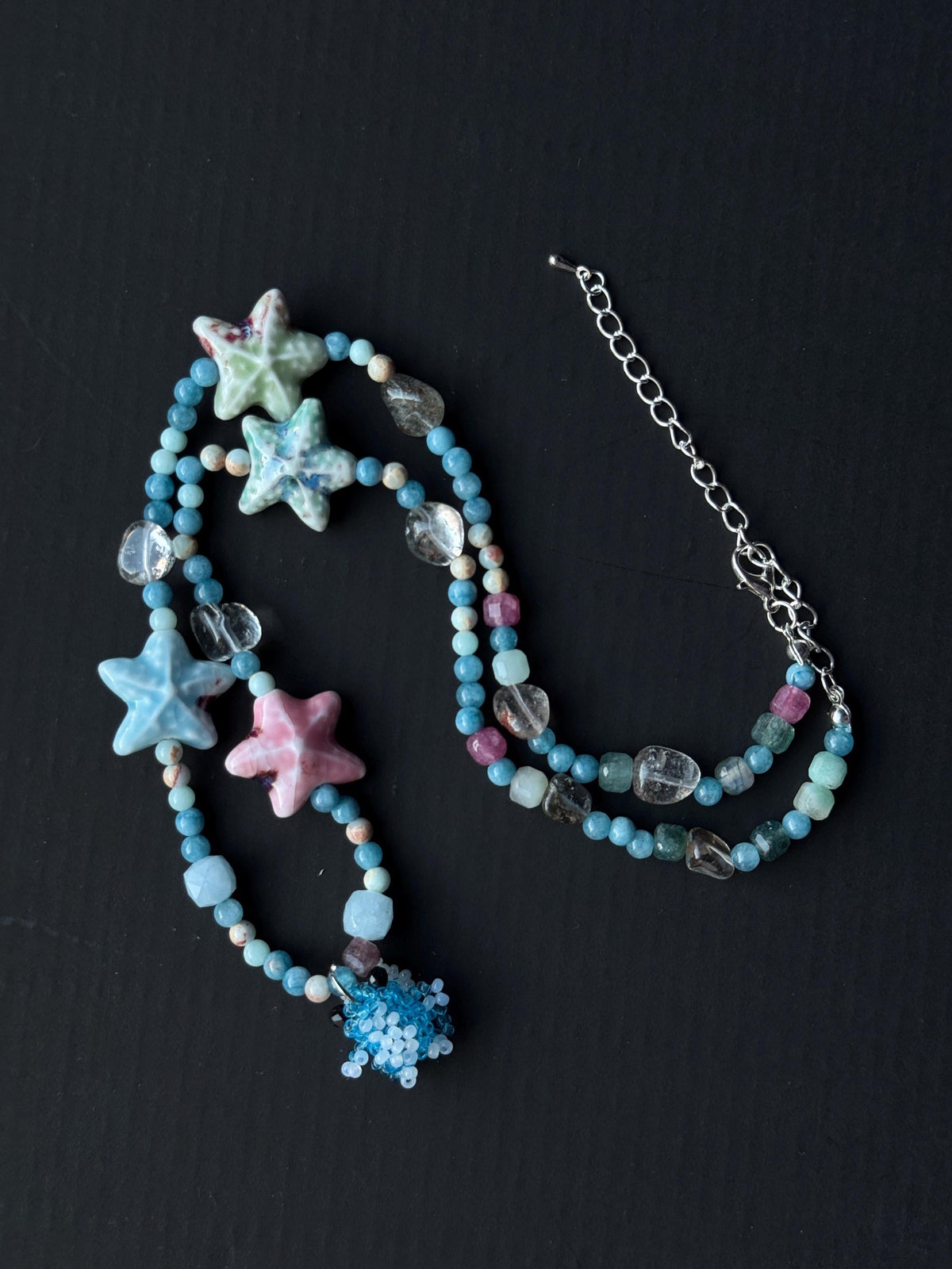 Ocean Inspired Beaded Frog Necklace – Ceramic & Glass Beads with Adjustable Chain