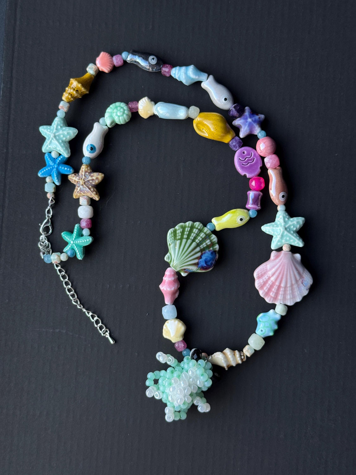 Ocean Inspired Beaded Frog Necklace – Ceramic & Glass Beads with Adjustable Chain