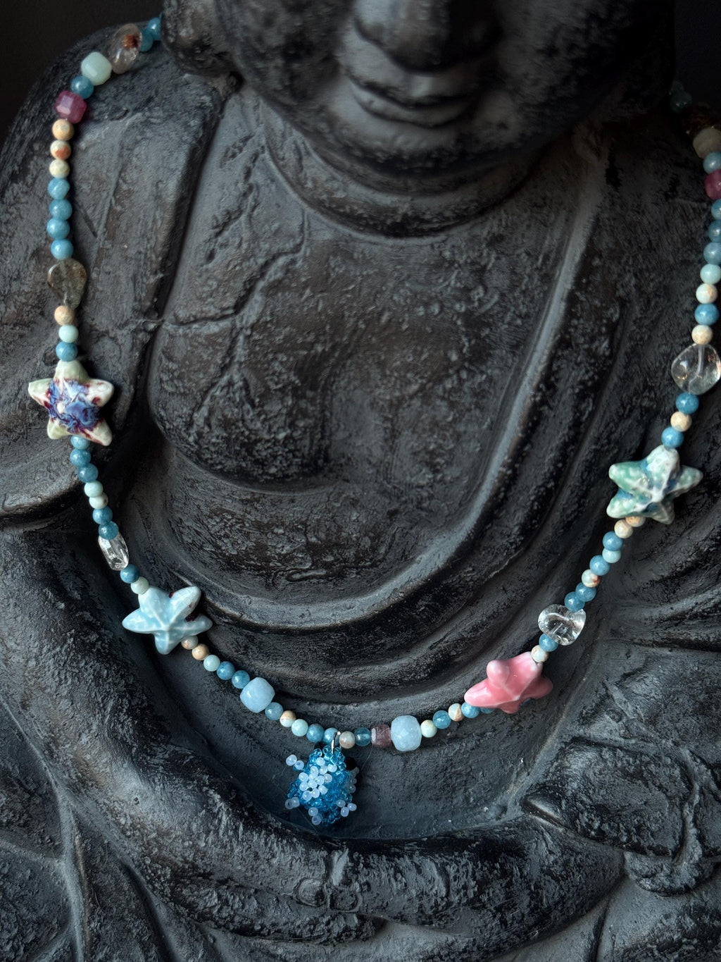 Ocean Inspired Beaded Frog Necklace – Ceramic & Glass Beads with Adjustable Chain